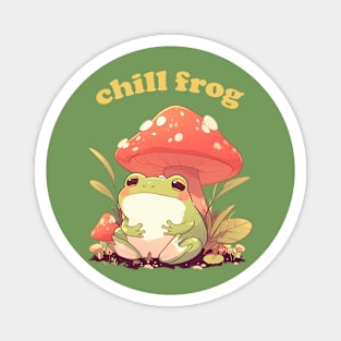 Cute Cottagecore Aesthetic Chill Frog with Mushroom Magnet